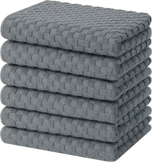 100% Cotton Terry Kitchen Towels(15" X 25", 6 Pack), Soft and Super Absorbent Dish Towels, 380 GSM Reusable Tea Towel with Hanging Loop, Pineapple Grid Designed, Dark Grey