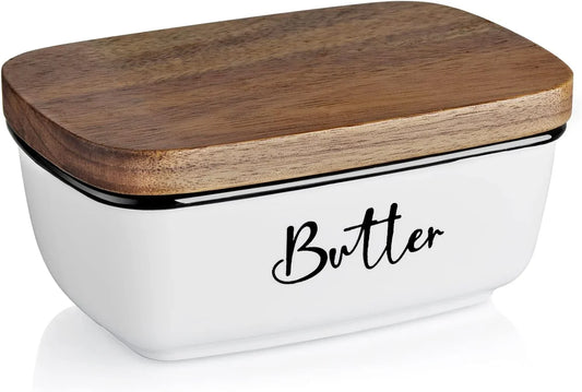 Butter Dish with Lid,  Large Ceramic Butter Dish for Countertop, Butter Keeper with Thick Acacia Wood Lid, Kitchen Decor and Accessories for Kitchen Gifts, White