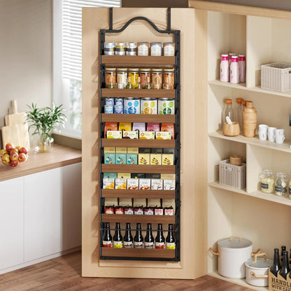 8-Tier Spice Rack Wall Mount, Heavy-Duty over the Door Pantry Organizer with Wooden Adjustable Basket, 2 in 1 Wall Mount or Hanging Pantry Door Organizer,Door Spice Rack for Pantry, Black