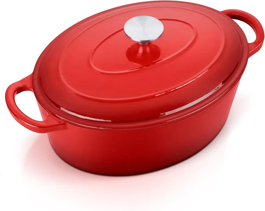 7QT Oval Dutch Oven Pot with Lid, Enameled Cast Iron Dutch Oven with Dual Handles for Sourdough Bread Baking Cooking, Nonstick Enamel Coated Cookware(Red), Non-Toxic & Easy Clean
