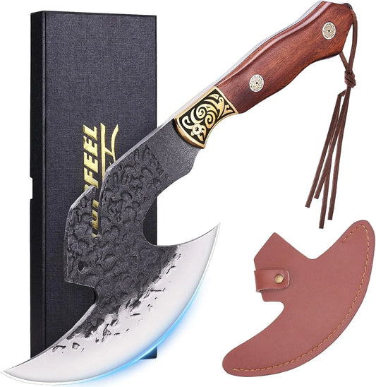 Hand Forged Viking Knife Axe, 6.2" Meat Cleaver with Sheath, Red Sandalwood & Copper Handle Boning Knife for Meat Cutting, High Carbon Steel Butcher Knife Home Outdoor BBQ Camping Gifts for Men Dad