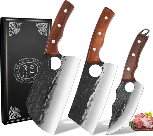Chef Knife Set, 3 PCS Japanese Kitchen Butcher Knife Set, Serbian Chef Knives Meat Cleaver Viking Boning Knives, Professional Hand Forged Steel, for Home Outdoor Cooking Camping BBQ