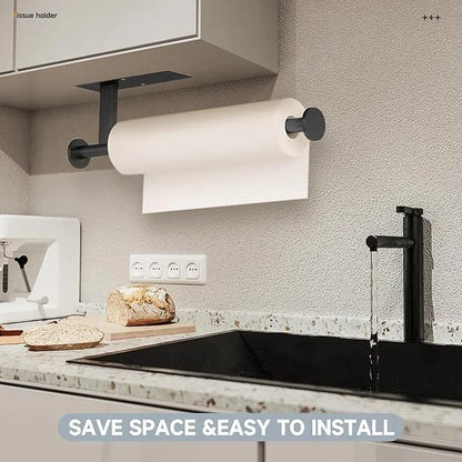 Modern kitchen paper towel holder mounted under cabinet, saving space with sleek black design