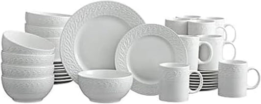 Sylvia 32-Piece White Dinnerware Set, Service for 8, Durable Stoneware Plates, Bowls, and Mugs, Microwave and Dishwasher Safe