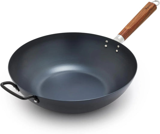 Carbon Steel Wok 14”, Flat Bottom, Durable Stir-Fry Pan, Pre-Seasoned Ready to Use, High Heat Retention, Induction, Ash Wood Handle, Kyoto, Black