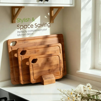 Stylish bamboo cutting boards, space-saving kitchen decor with natural wood finish