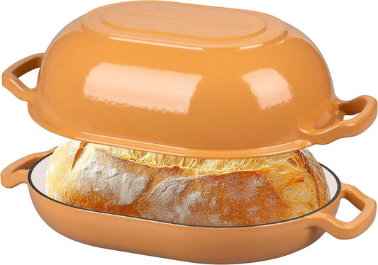 Enameled Cast Iron Sourdough Bread Oven, Dutch Oven, Loaf Cast Iron Bread Pan for Homemade Bread Baking, Meatloaf Pan with Lid, 7QT, Yellow