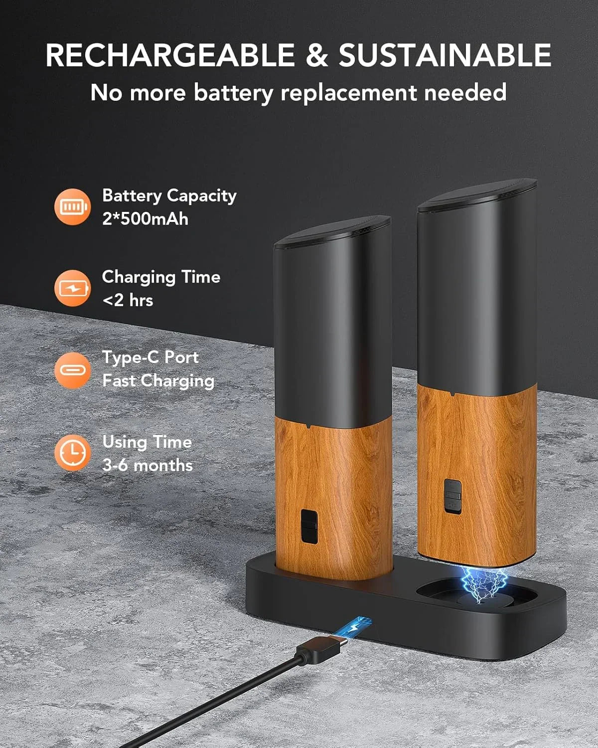 Rechargeable salt and pepper grinders with wood base, Type-C fast charging, 500mAh battery, 3-6 months use