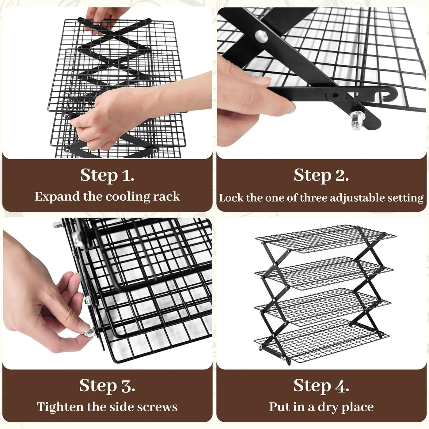 4 Tier Collapsible Cooling Rack - 3 Setting Design, Adjustable ＆ Stackable Baking Rack, 5 Modes Cooling Racks for Cooking and Baking, Roasting ＆ Grilling Gifts for Picnic Party