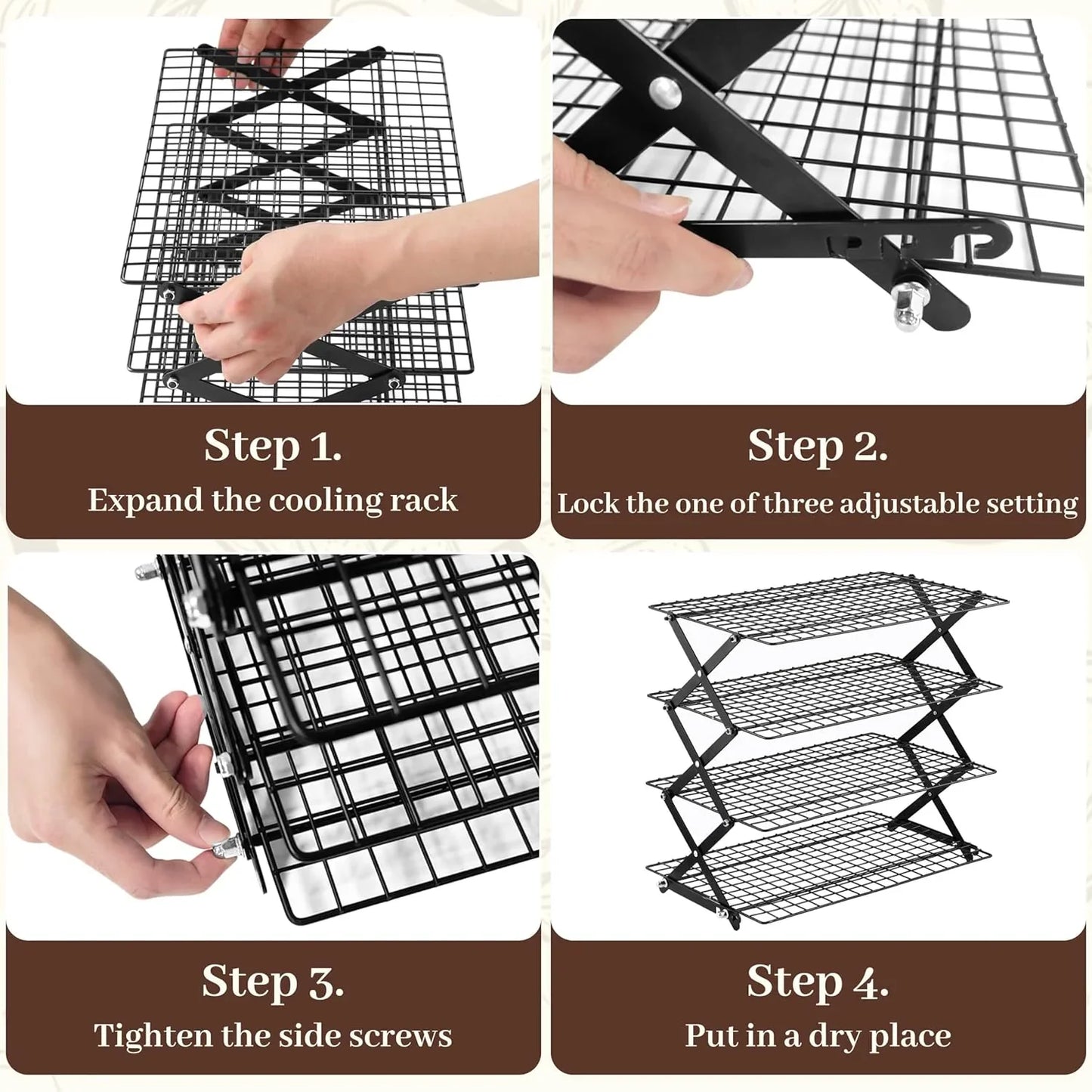 4 Tier Collapsible Cooling Rack - 3 Setting Design, Adjustable ＆ Stackable Baking Rack, 5 Modes Cooling Racks for Cooking and Baking, Roasting ＆ Grilling Gifts for Picnic Party