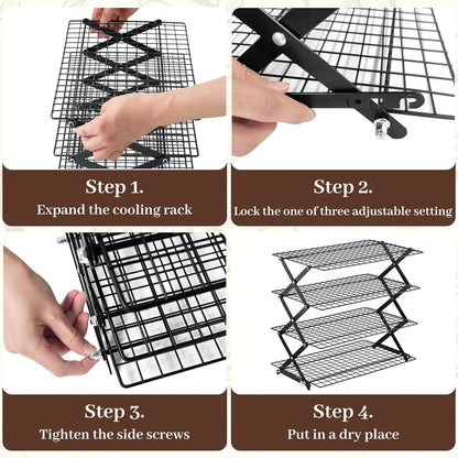4 Tier Collapsible Cooling Rack - 3 Setting Design, Adjustable ＆ Stackable Baking Rack, 5 Modes Cooling Racks for Cooking and Baking, Roasting ＆ Grilling Gifts for Picnic Party