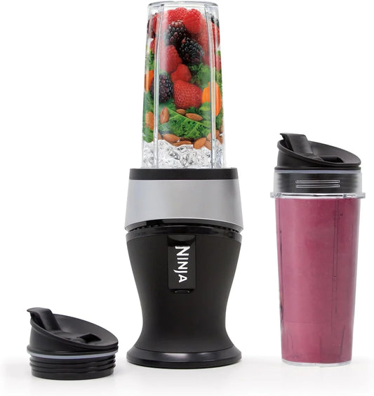 Fit Compact Personal Blender, Portable Blender For-Smoothies, Shakes, Food Prep, and Frozen Blending, 700-Watt Base, (2) 16-Oz. Cups and Spout Lids, Black QB3001SS