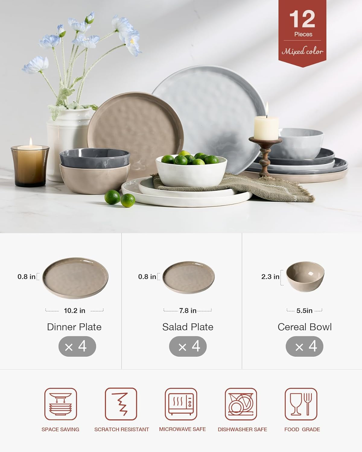 Mars Plates and Bowls Set, 12 Pieces Dinnerware Sets, Dishes Set for 4, Multi-Color