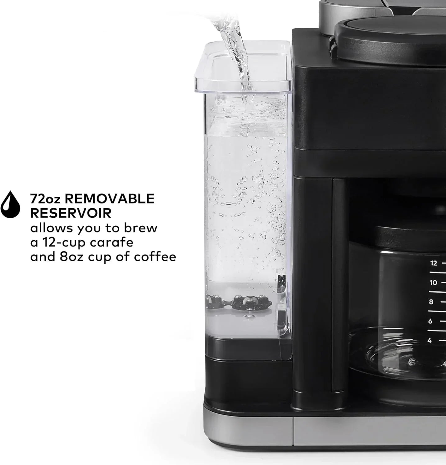 72oz removable reservoir coffee maker brewing 12-cup carafe with 8oz cup measurement