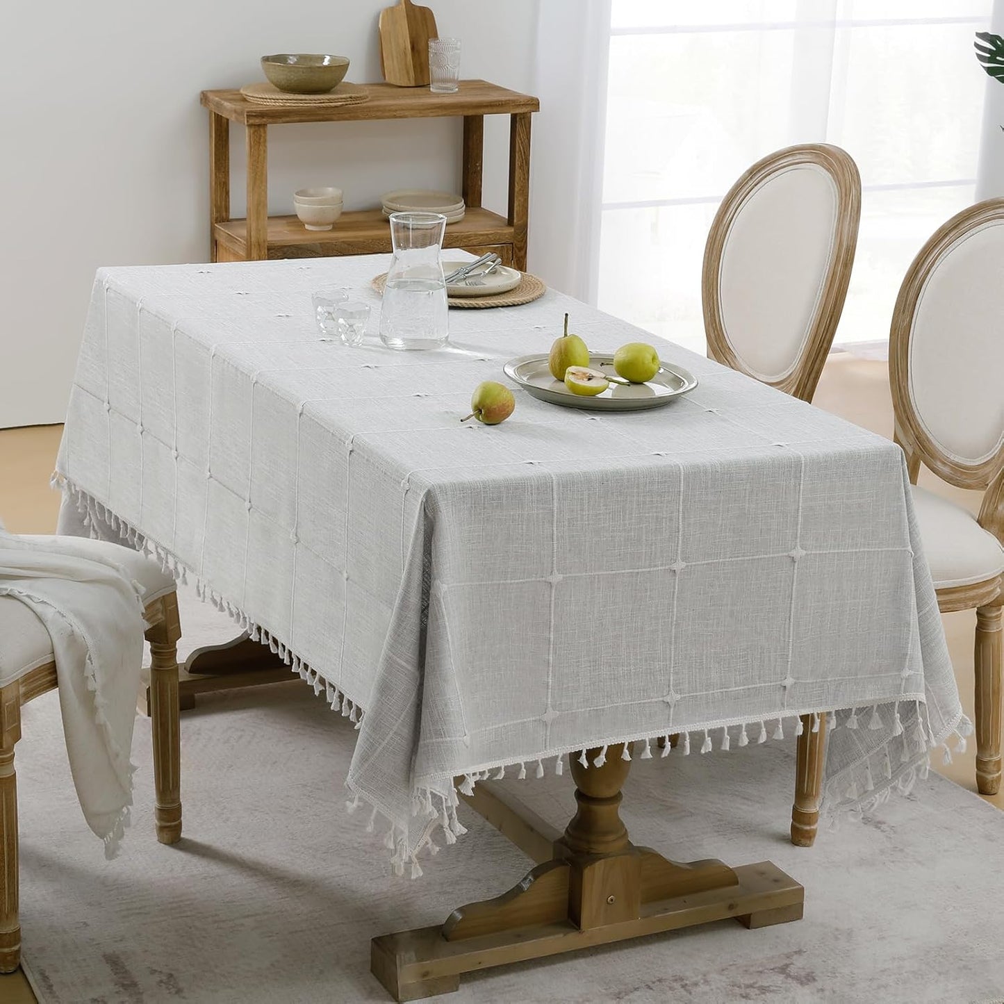 Outdoor Tablecloth Rectangle, Waterproof Linen Cotton Farmhouse Table Cloths with Tassel, Heavy Weight Wrinkle Free Boho Table Cover for Picnic Camping Dining - 55 X 70 Inch, Grey Plaid