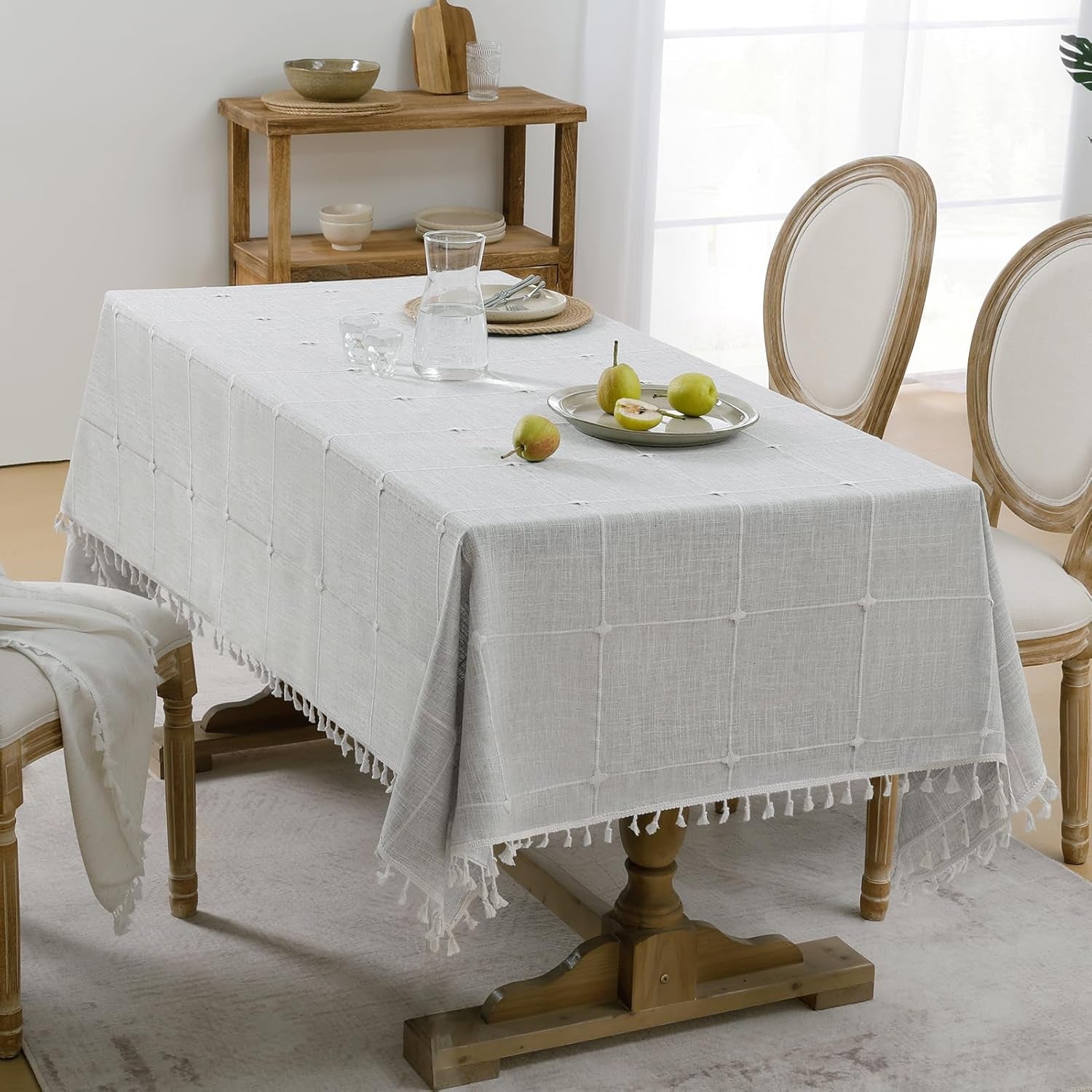 Outdoor Tablecloth Rectangle, Waterproof Linen Cotton Farmhouse Table Cloths with Tassel, Heavy Weight Wrinkle Free Boho Table Cover for Picnic Camping Dining - 55 X 70 Inch, Grey Plaid