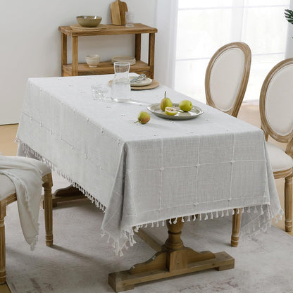 Outdoor Tablecloth Rectangle, Waterproof Linen Cotton Farmhouse Table Cloths with Tassel, Heavy Weight Wrinkle Free Boho Table Cover for Picnic Camping Dining - 55 X 70 Inch, Grey Plaid