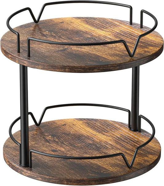 12" Wood Lazy Susan, Rotating Spice Rack, 2 Tier Spice Turntable Organizer, Industrial Turntable Spice Holder, for Kitchen Countertop and Cabinet, Compact and Versatile, Rustic Brown