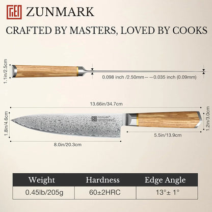8 Inch Chef Knife, 67-Layer Damascus Steel Kitchen Knives with 10Cr15Comov Premium Steel Core, Hybrid Diamond-Oval Olive Wood Handle Japanese Knife, 13° Blade Ultra-Sharp Cooking Knives, Gift Fo R Him