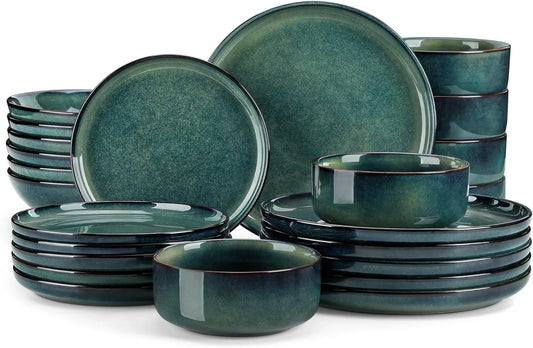 Starry Plates and Bowls Sets for 6, 24 Pieces Dinnerware Sets, Green Reactive Glaze Dishes Sets for Kitchen, Scratch Resistant Stoneware Dishes Set, Dishwasher and Microwave Safe