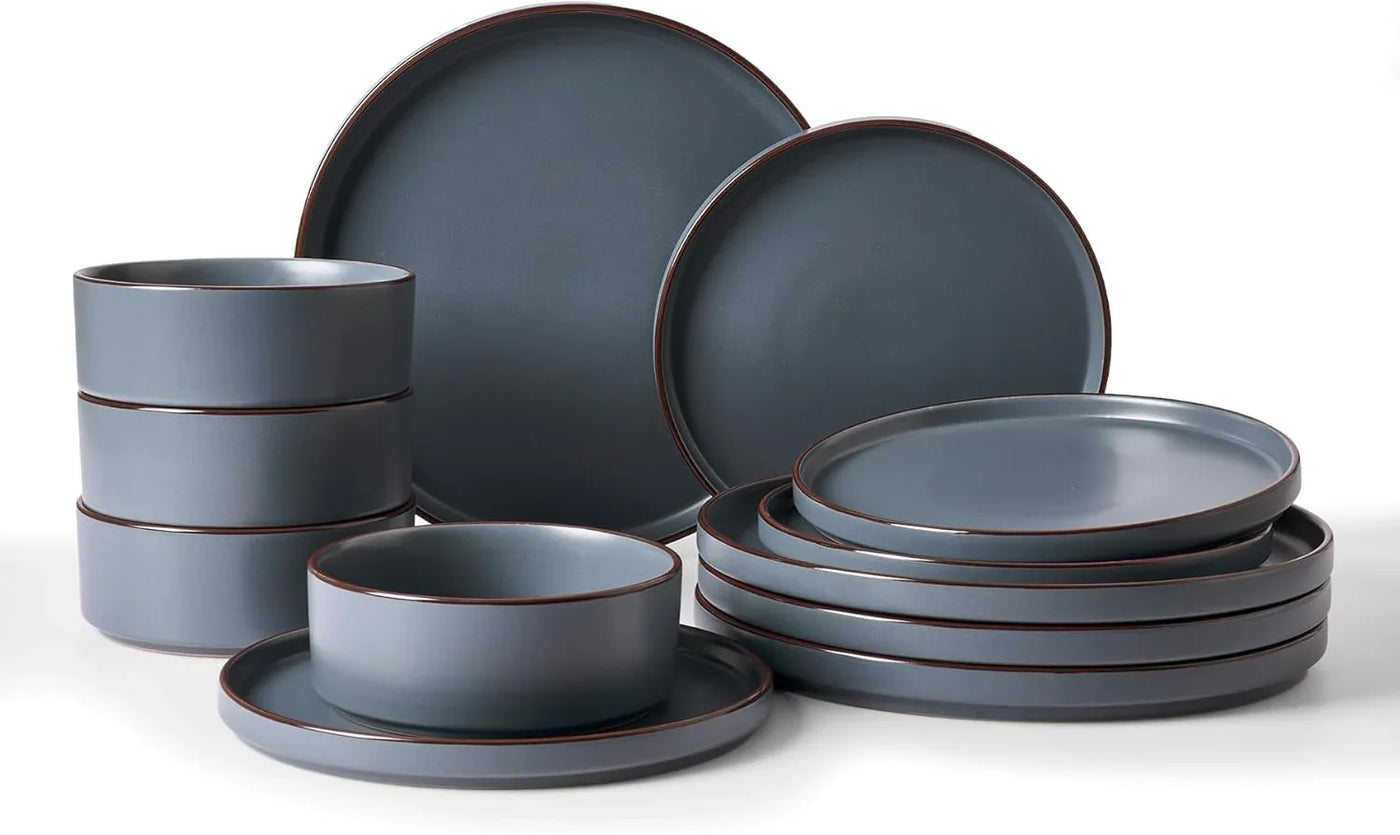 Nebula Ridge Stoneware Dinnerware Sets, Plates and Bowls Sets for 4, 12 Pieces Dishes Set, Microwave and Dishwasher Safe Kitchen Plates, Charcoal