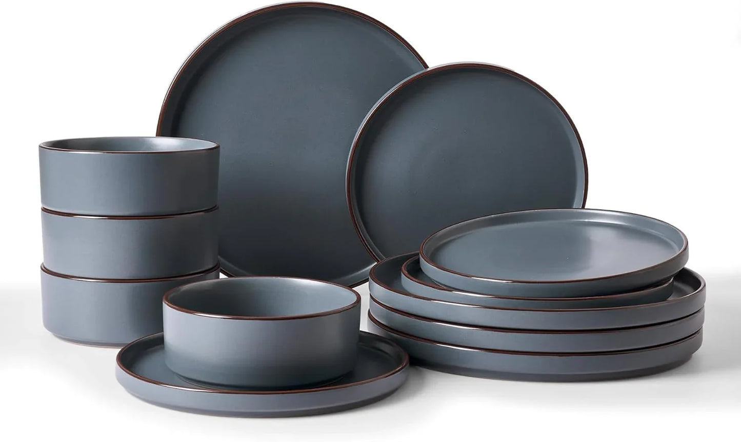 Nebula Ridge Stoneware Dinnerware Sets, Plates and Bowls Sets for 4, 12 Pieces Dishes Set, Microwave and Dishwasher Safe Kitchen Plates, Charcoal