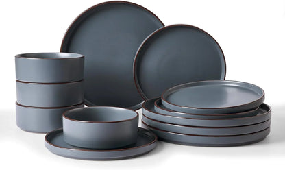 Nebula Ridge Stoneware Dinnerware Sets, Plates and Bowls Sets for 4, 12 Pieces Dishes Set, Microwave and Dishwasher Safe Kitchen Plates, Charcoal
