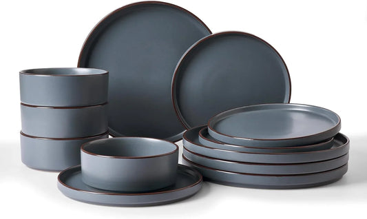 Nebula Ridge Stoneware Dinnerware Sets, Plates and Bowls Sets for 4, 12 Pieces Dishes Set, Microwave and Dishwasher Safe Kitchen Plates, Charcoal