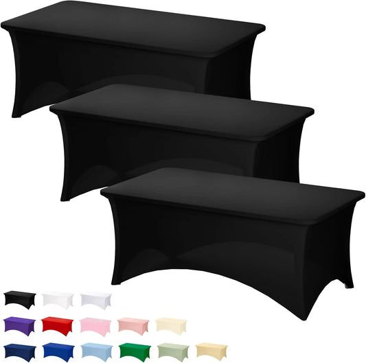 3 Pack Black Table Cloth for 6FT Rectangle Tables, Rectangular Tablecloths Stretch Spandex Fitted Table Covers 6FT for Parties, Trade Shows, Banquet, Weddings, Buffet, Graduation Decorations
