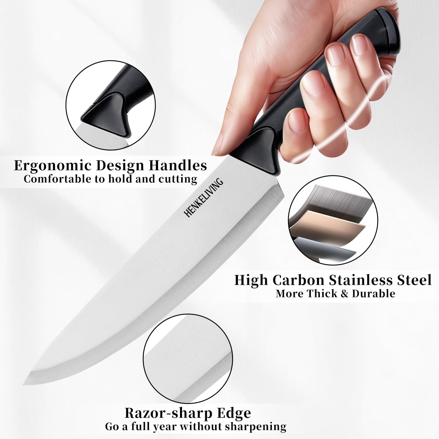 Knife Set, 14-Piece Kitchen Knives Set with Block, German High Carbon Stainless Steel, Ergonomic Non-Slip Handles, Blacksilver