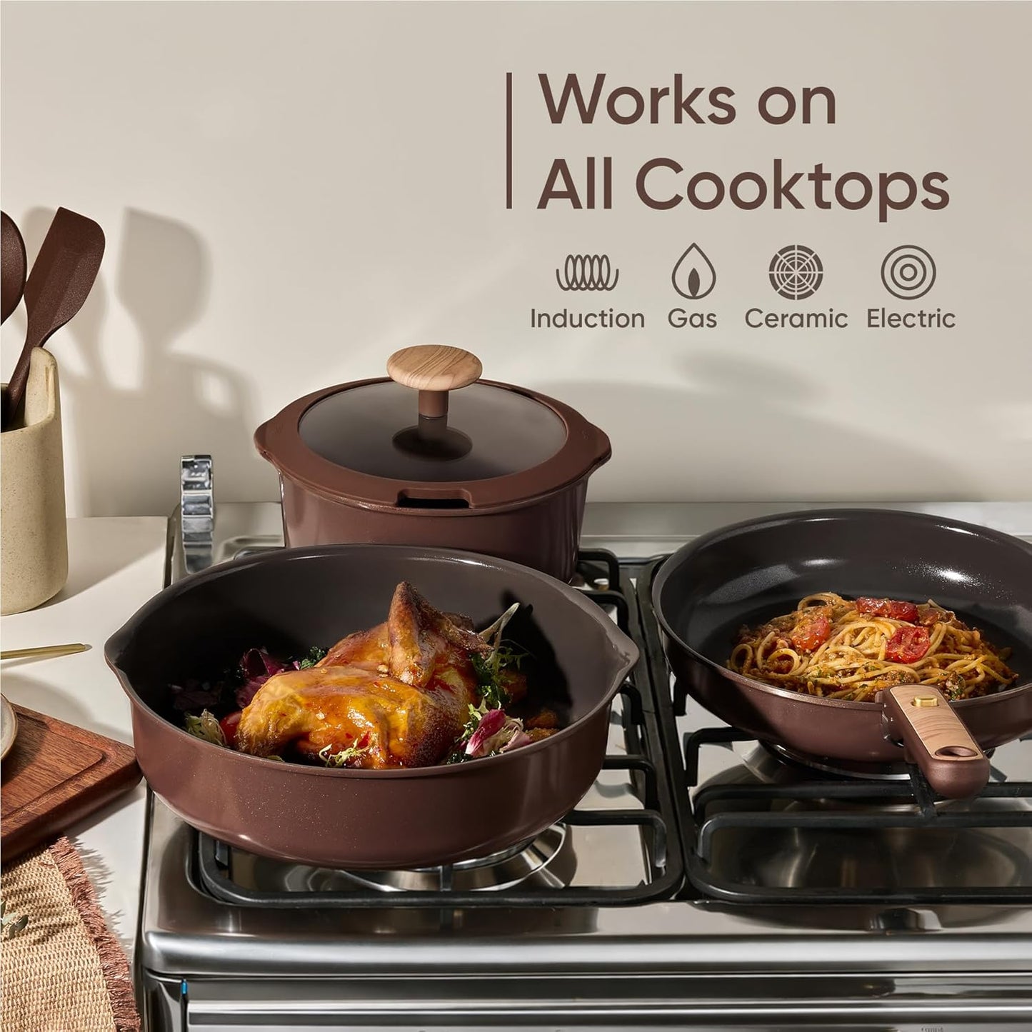 19PCS Ceramic Nonstick Cookware Set, Pots and Pans Set with Detachable Handle, Pfas-Free Non-Toxic, Induction & Oven Safe, Stackable Space-Saving, Dark Choco