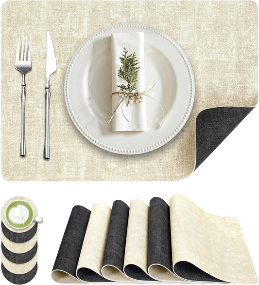 Placemats Set of 6, Faux Leather Heat Resistant Wipeable Placemats, Dual Sided Waterproof Washable Table Mats with Coaster, Suitable for Kitchen, Dining, Table Decor (6, Black Beige)