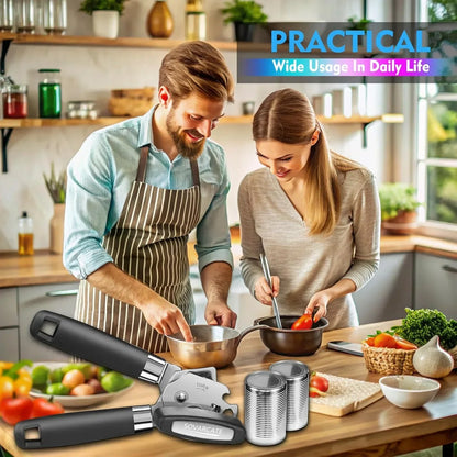SOVARCATE can opener with black handle, stainless steel design, shown in kitchen with couple cooking and canned goods