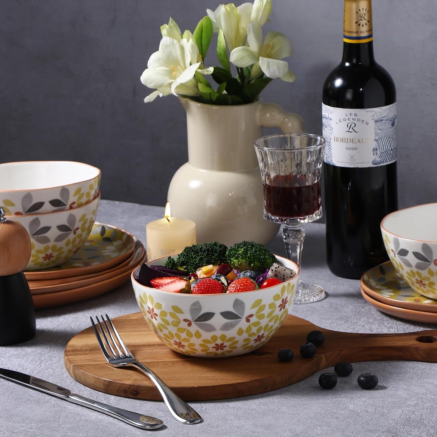 Floral Dinnerware Set, 12 Piece, Bone China, Yellow and Gray Pattern, Microwave and Dishwasher Safe