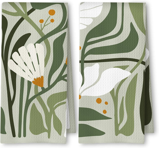 Abstract Boho Sage Green Floral Kitchen Towels Set of 2, 70S Retro Groovy Boho Botanical Dish Tea Towels for Kitchen Decor, Mid Century Modern Hand Towels for Bathroom Decor, 16X24 Inch