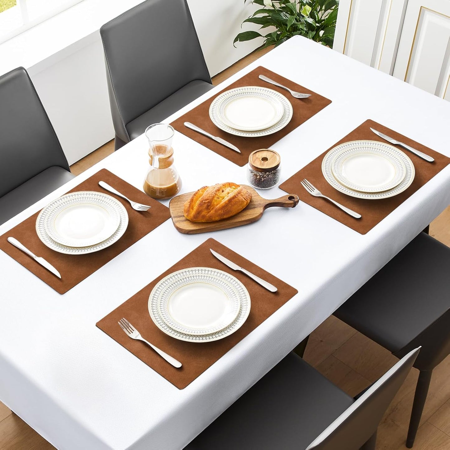 Vinyl Placemats Set of 6-12 X 17 Inch - Faux Leather 100% Waterproof Oil-Proof Wipeable PU Place Mats, Heat Resistant Reversible Table Mats for Kitchen, Dining, Outdoor (Reddish Brown)