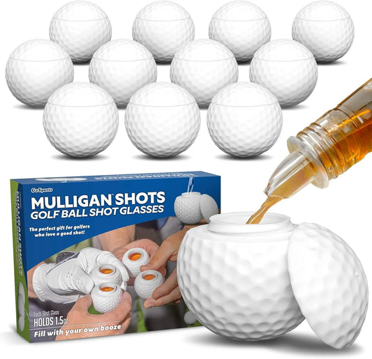 Mulligan Shots Golf Ball Shot Glasses with Lids - 12 Pack - Funny Golf Gifts for Men