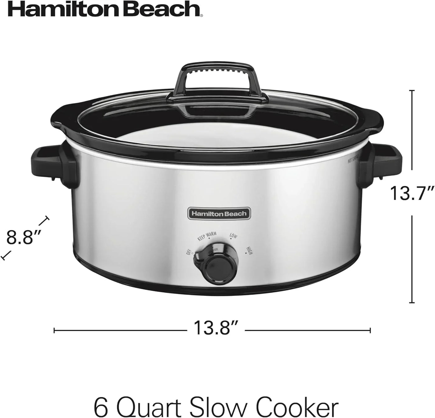 6-Quart Slow Cooker with 3 Cooking Settings, Dishwasher-Safe Stoneware Crock & Glass Lid, Silver (33665G)