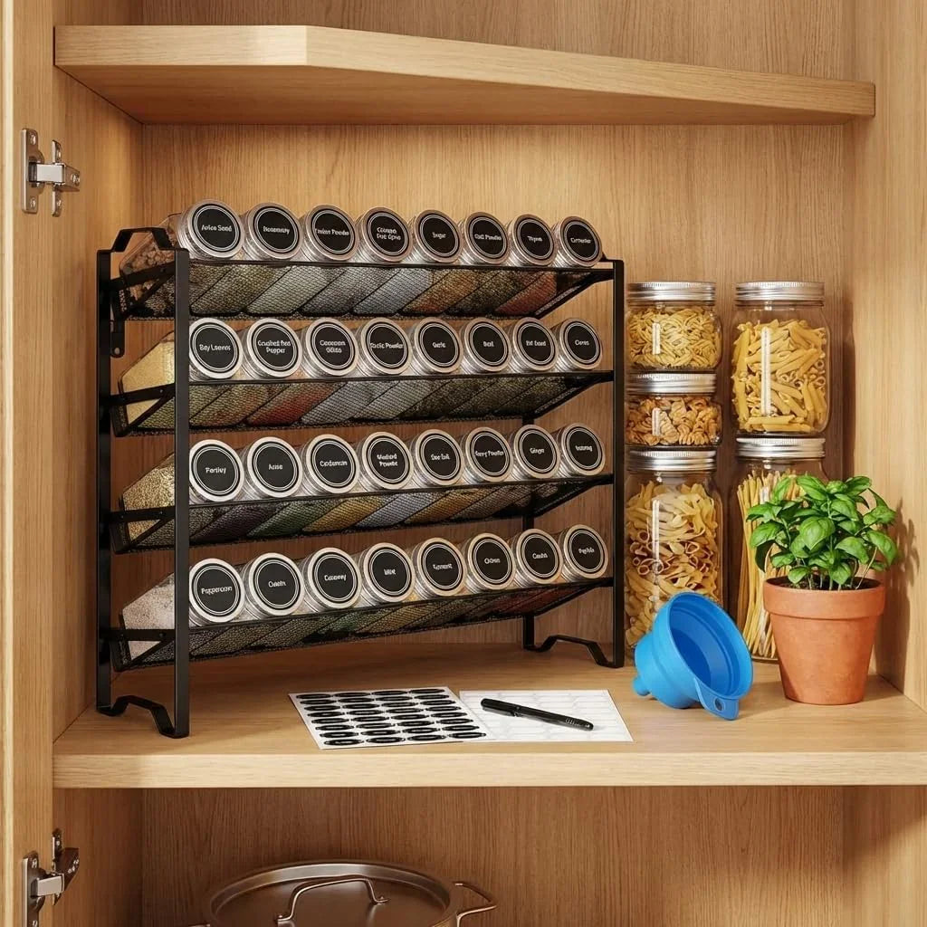 Spice Rack Organizer with 32 Empty Spice Jars, 64 Spice Labels, Chalk Marker and Funnel Set for Cabinet, Countertop, Kitchen, Pantry or Wall Mount, Black