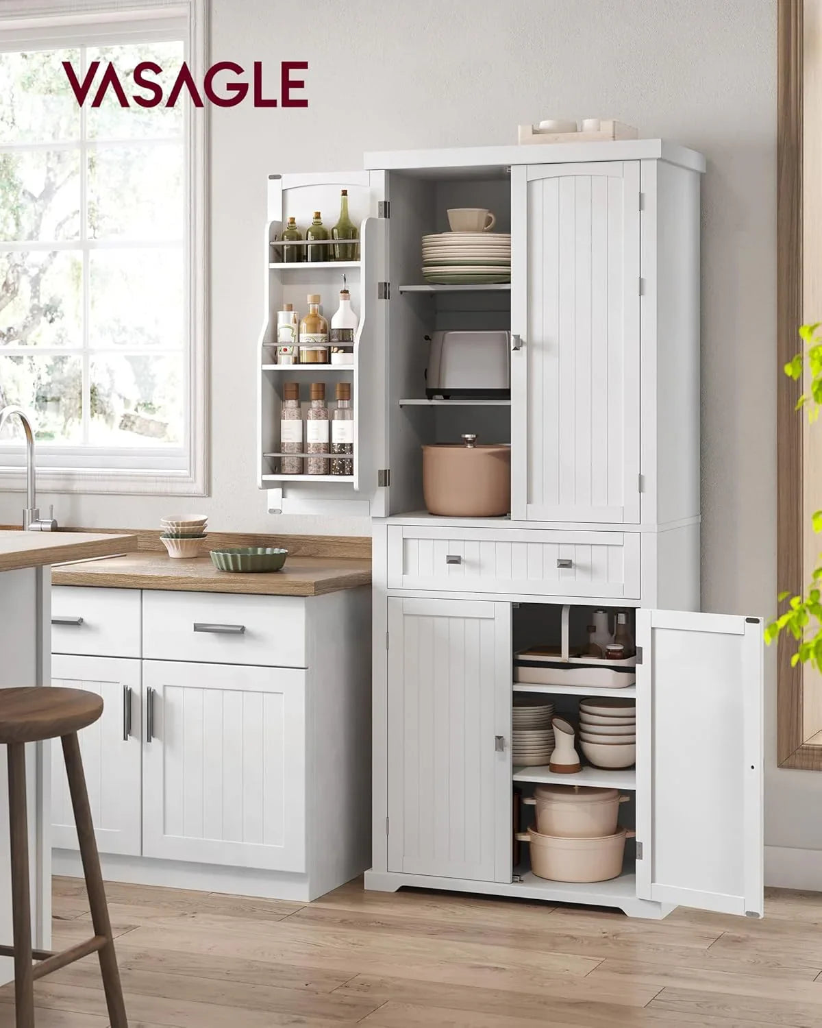 Pantry Cabinet, 71.7-Inch High Freestanding Tall Cupboard Storage Cabinet with a Drawer, 2 Cabinets, 4 Adjustable Shelves, 6 Door Shelves, for Living Room, Kitchen, White UBBC561P31V2