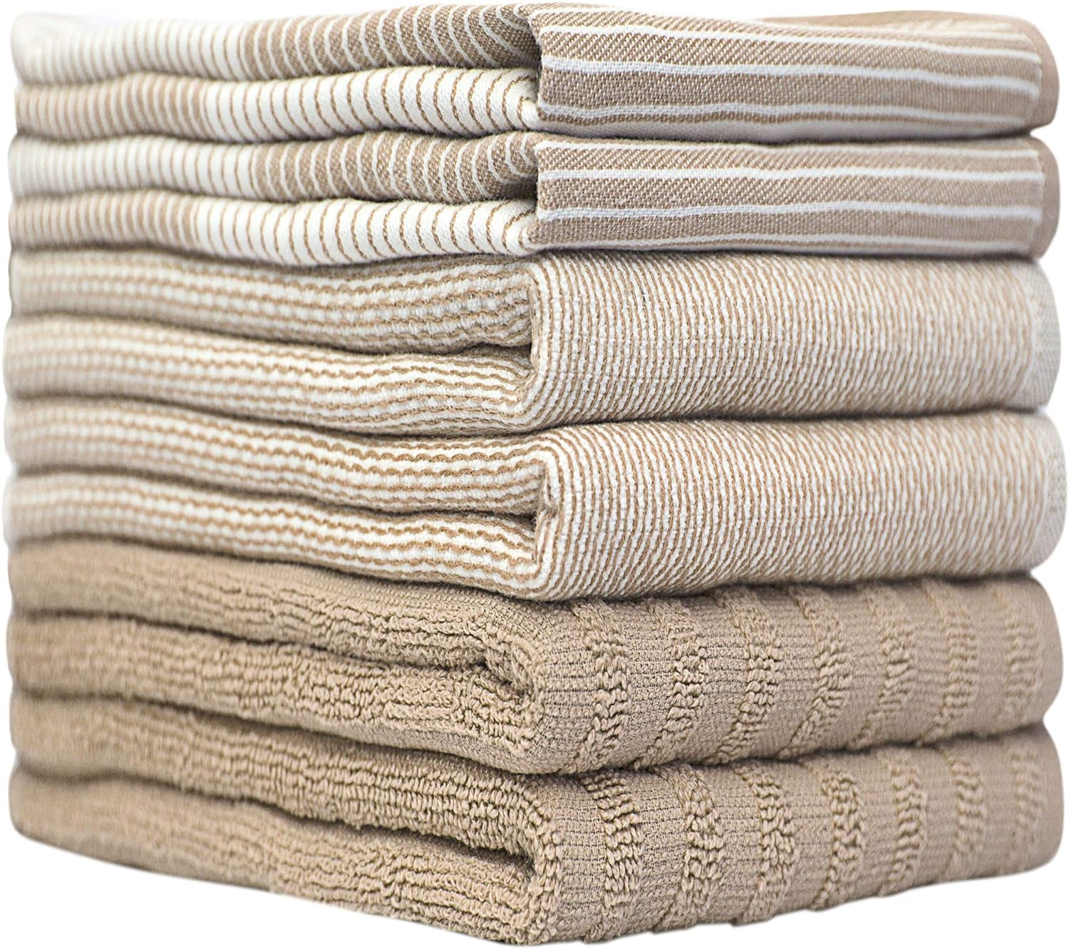 Premium Kitchen Towels (20”X 28”, 6 Pack) | Large Cotton Dish Towels | Flat & Terry Highly Absorbent Kitchen Linen Set with Hanging Loop | Tan