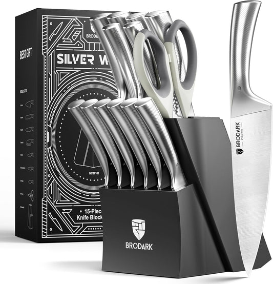 Knife Block Set: Kitchen Knives Set with Block and Sharpener, 15 Pcs Ultra Sharp Chef Knife, High Carbon Stainless Steel, Ergonomic Handle Non-Slip Grip, Silver Wolf Series with Gift Box