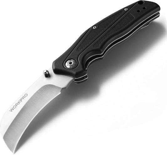 Pocket Knife, Hawkbill Folding Utility Knife with Lanyard Hole and Belt Clip, Electrician Knife for Cable Skinning and Carpet, Linoleum, Cardboard, Rope, Wire Cutting