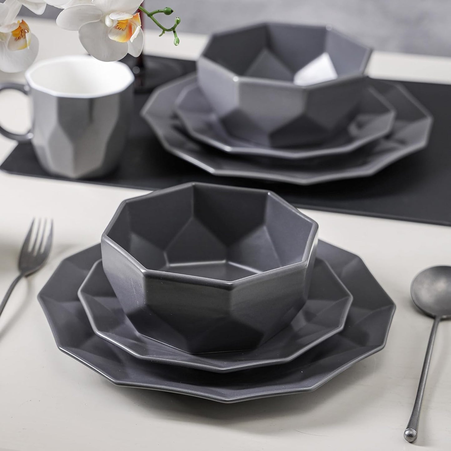 Stone + Lain Jamie Porcelain 16-Piece Geometric Dinnerware Set, Grey