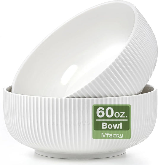 2 Pack Salad Bowl, 8 Inch 60 Oz Large Serving Bowl Set, Deep Bowl for Kitchen, White Ceramic Bowl Set for Soup, Cereal, Ramen, Pasta, Salad, Dishwasher & Microwave Safe, Easy Clean