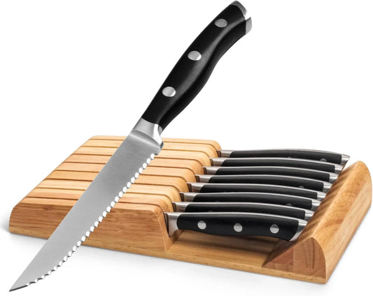 8-Piece Steak Knives Set with Block, 4.7 Inch with Serrated Edge Razor-Sharp Dinner Knives, Full-Tang Construction