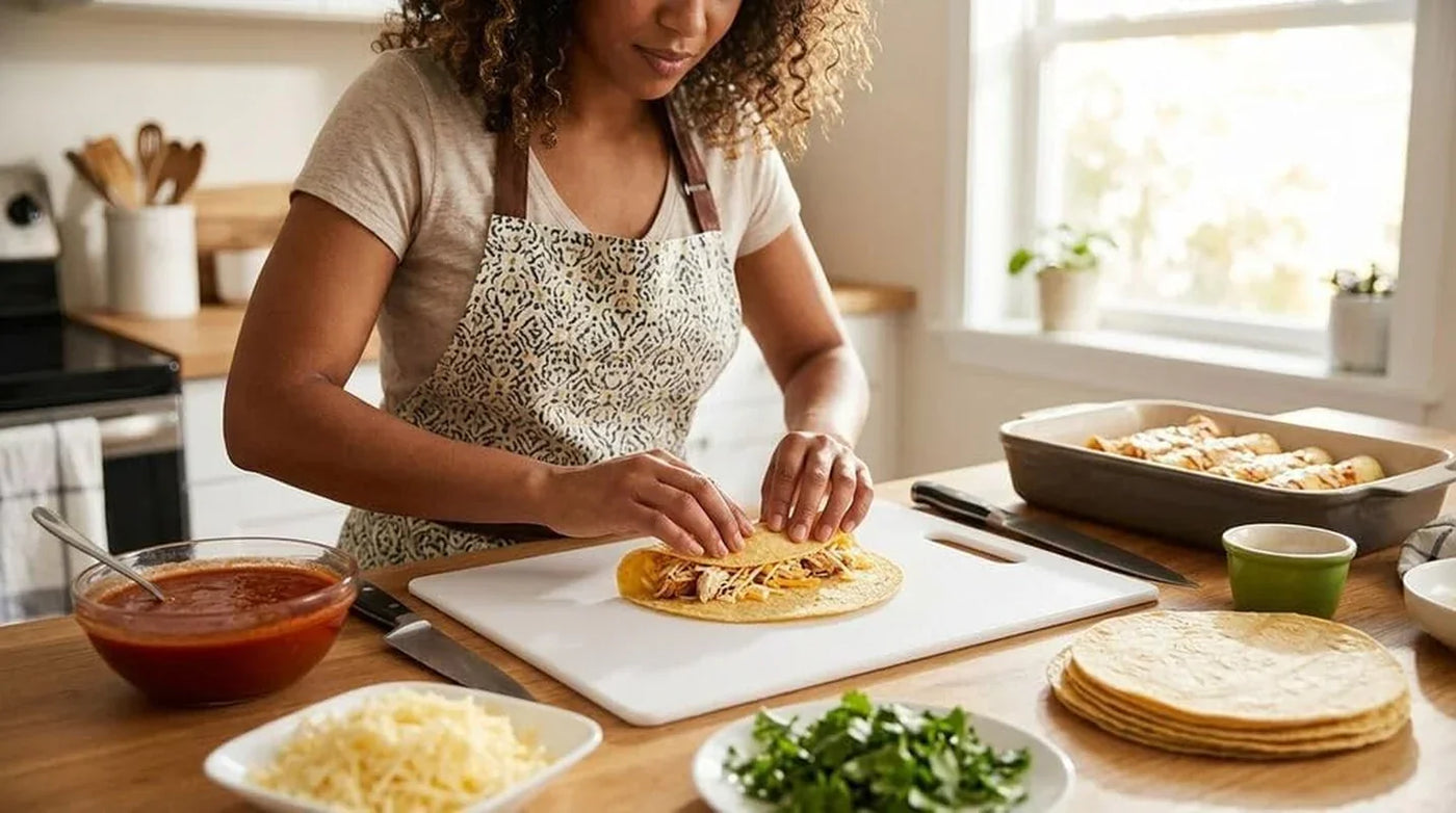 Woman preparing tacos with shredded chicken, cheese, and fresh cilantro on a kitchen counter