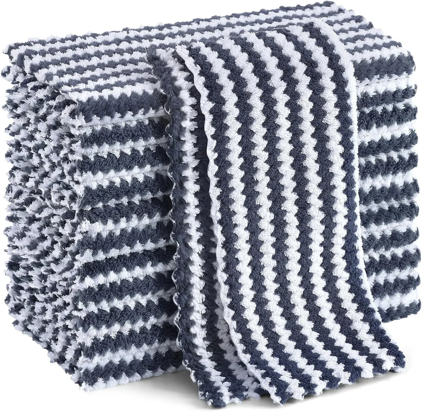 12 Pack Kitchen Dish Cloths, Ultra Soft and Absorbent Dish Towels, Reusable Fast Drying Microfiber Cleaning Cloth, Coral Velvet Wave Design No-Lint, 10 X 10 Inches, Dark Grey