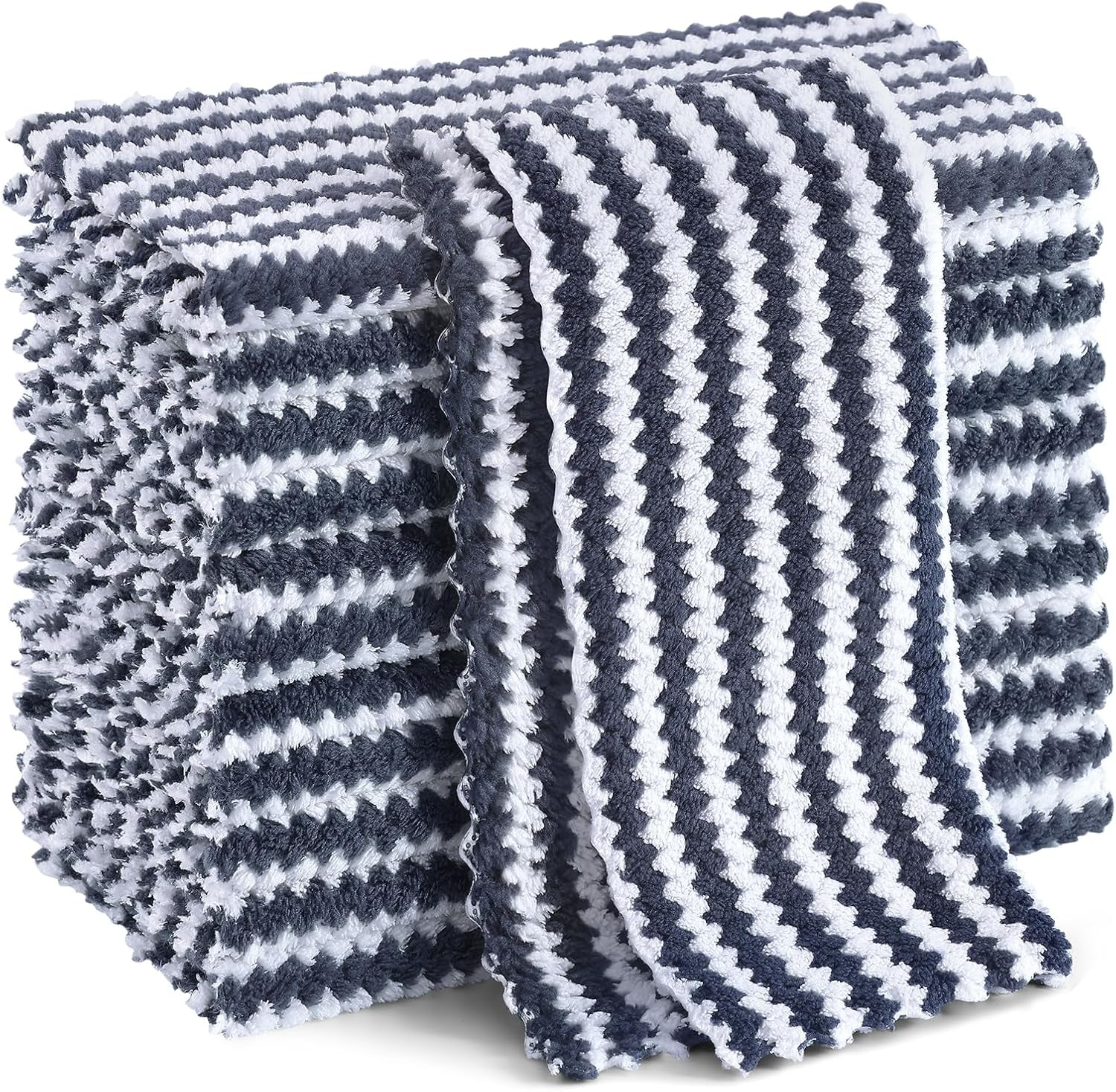 12 Pack Kitchen Dish Cloths, Ultra Soft and Absorbent Dish Towels, Reusable Fast Drying Microfiber Cleaning Cloth, Coral Velvet Wave Design No-Lint, 10 X 10 Inches, Dark Grey