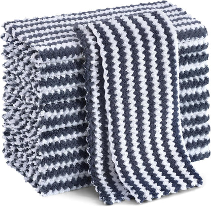 12 Pack Kitchen Dish Cloths, Ultra Soft and Absorbent Dish Towels, Reusable Fast Drying Microfiber Cleaning Cloth, Coral Velvet Wave Design No-Lint, 10 X 10 Inches, Dark Grey